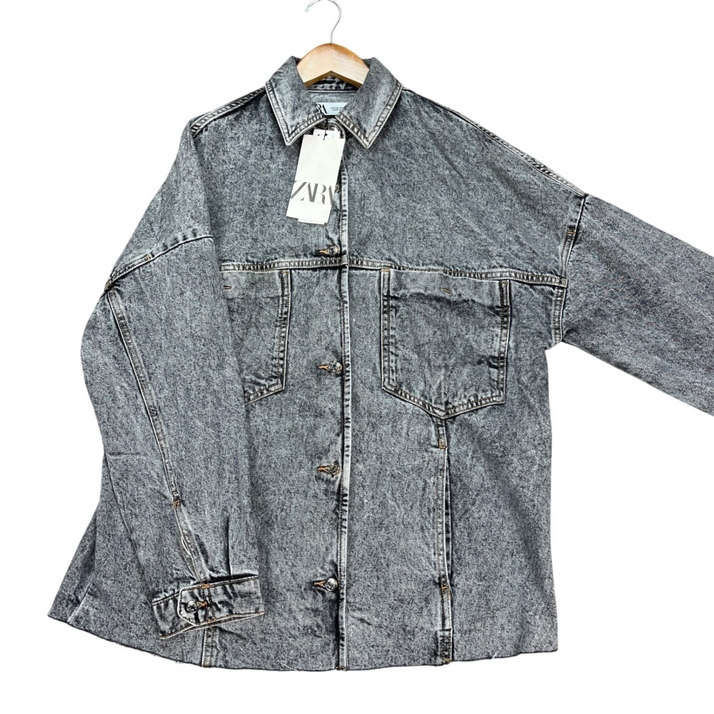 Zara Jacket Men XS Gray Acid Wash Oversized Denim Button Front Shacket Twill NEW